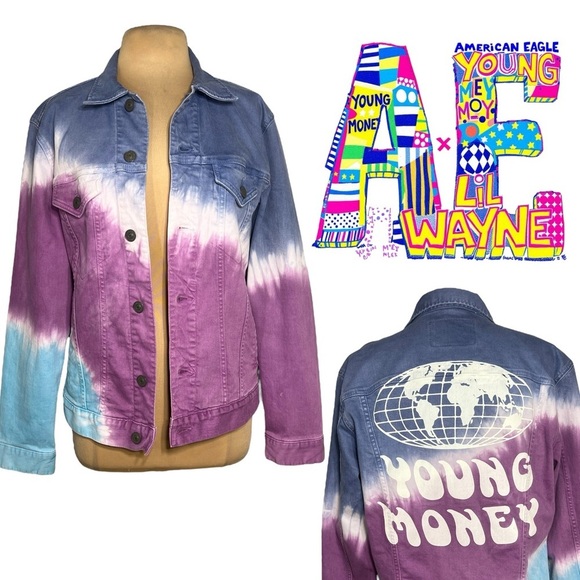 AE x Young Money Tie Dye Denim Jacket Sz M Exclusive Collab Lil Wayne Drake - Picture 1 of 7
